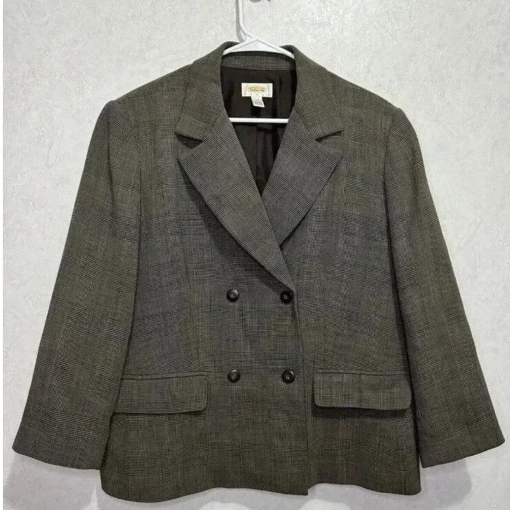 TALBOTS Brown Wool Check Plaid Print Lined Blazer Jacket Womens 14W Office Work